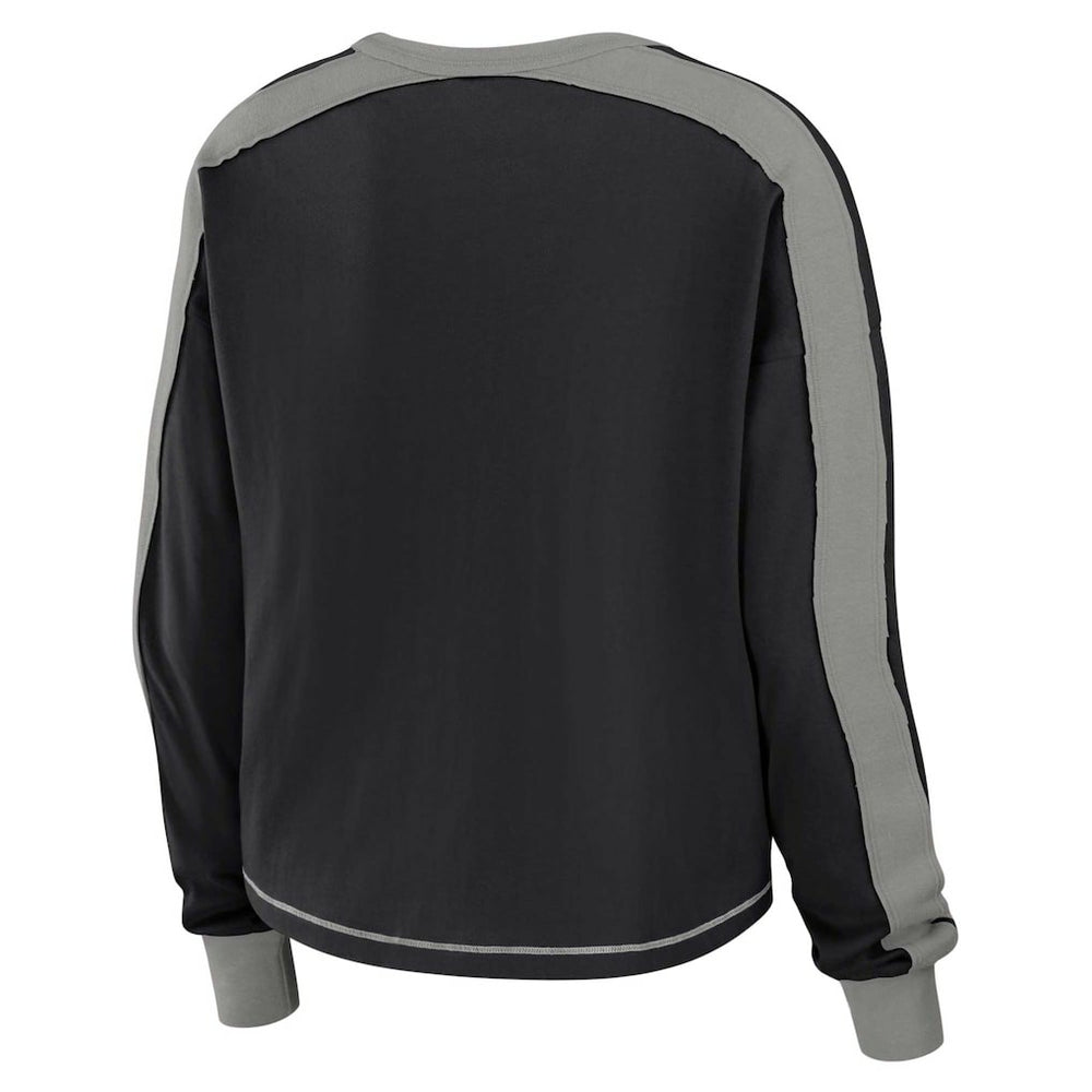Las Vegas Raiders WEAR by Erin Andrews Women's Color Block Modest Crop Long Sleeve T-Shirt - Black/Silver T-shirts