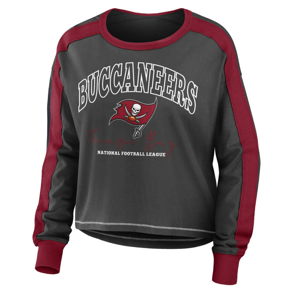 Tampa Bay Buccaneers WEAR by Erin Andrews Women's Color Block Modest Crop Long Sleeve T-Shirt - Pewter/Red T-shirts