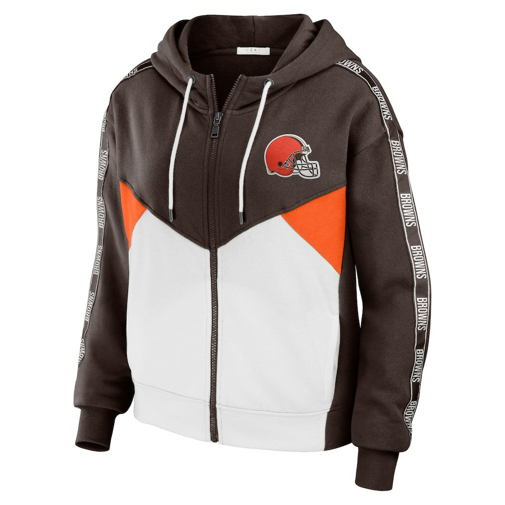 Cleveland Browns WEAR by Erin Andrews Women's Color Block Light Weight Modest Crop Full-Zip Hoodie - Brown/White Hoodies