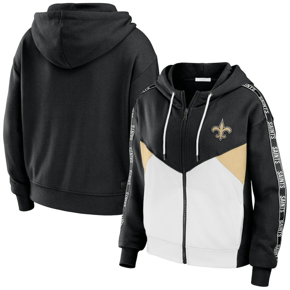 New Orleans Saints WEAR by Erin Andrews Women's Color Block Light Weight Modest Crop Full-Zip Hoodie - Black/White Hoodies