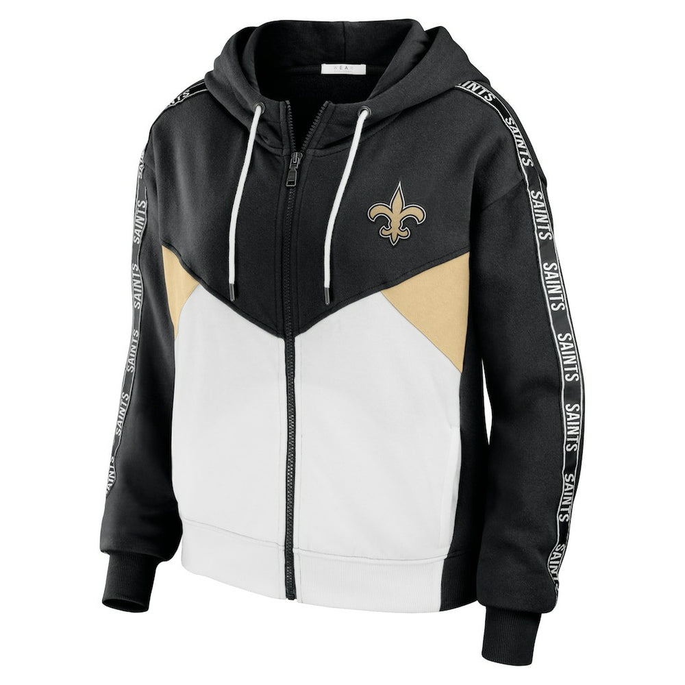New Orleans Saints WEAR by Erin Andrews Women's Color Block Light Weight Modest Crop Full-Zip Hoodie - Black/White Hoodies