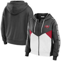 Tampa Bay Buccaneers WEAR by Erin Andrews Women's Color Block Light Weight Modest Crop Full-Zip Hoodie - Pewter/White Hoodies