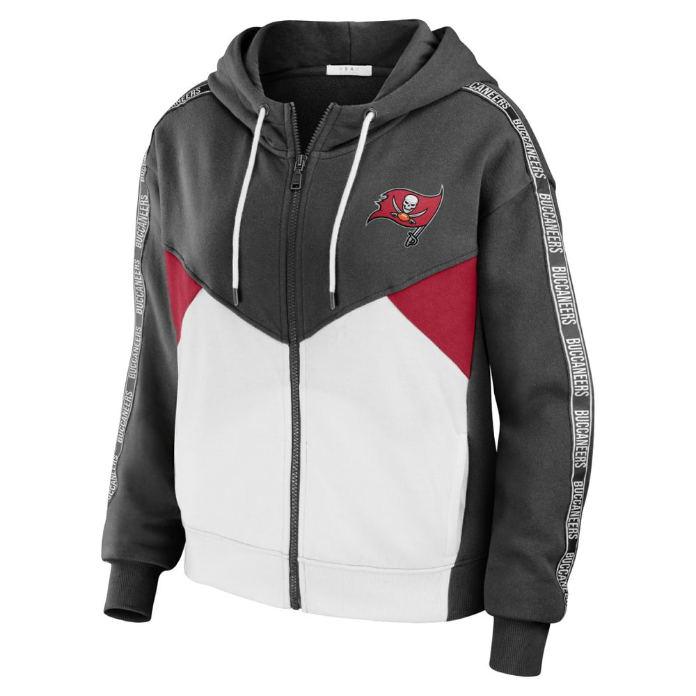 Tampa Bay Buccaneers WEAR by Erin Andrews Women's Color Block Light Weight Modest Crop Full-Zip Hoodie - Pewter/White Hoodies