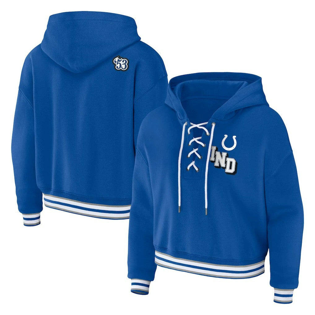 Indianapolis Colts WEAR by Erin Andrews Women's Plus Size Lace-Up Pullover Hoodie - Royal Hoodies