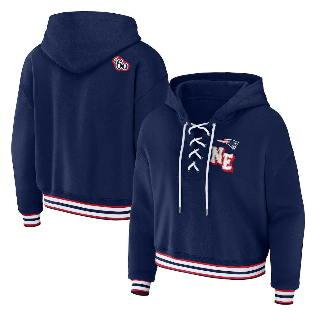 New England Patriots WEAR by Erin Andrews Women's Plus Size Lace-Up Pullover Hoodie - Navy Hoodies