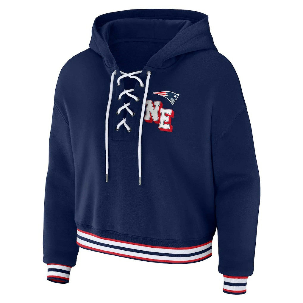 New England Patriots WEAR by Erin Andrews Women's Plus Size Lace-Up Pullover Hoodie - Navy Hoodies