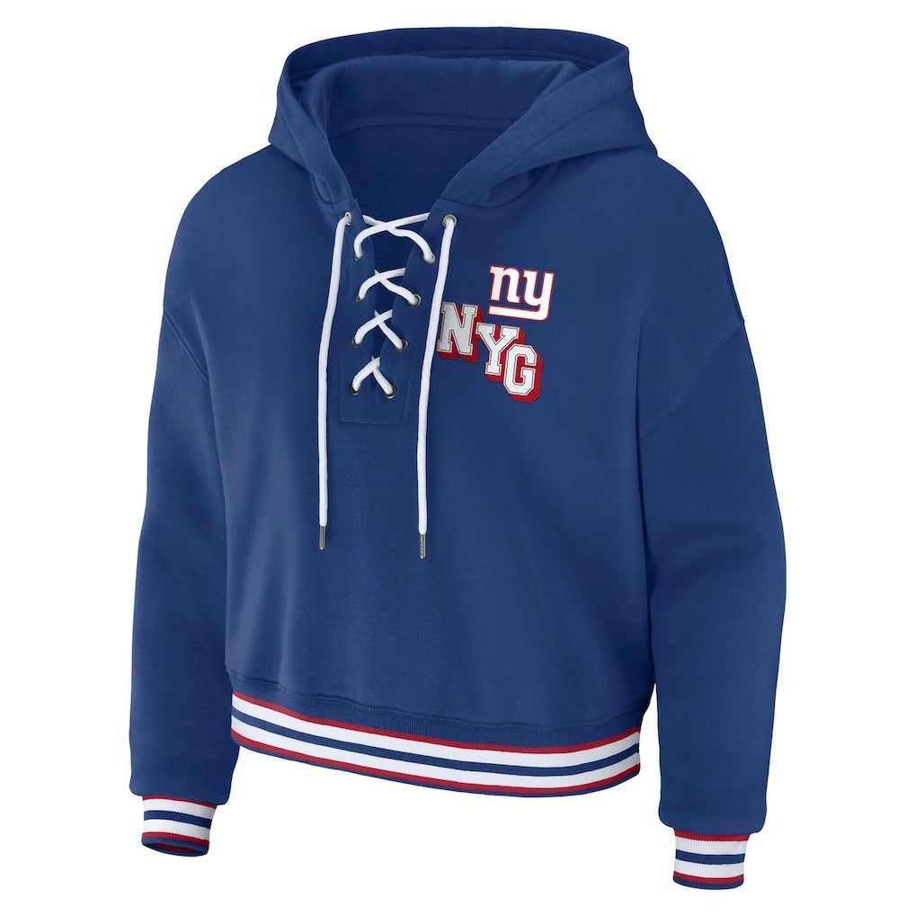 New York Giants WEAR by Erin Andrews Women's Plus Size Lace-Up Pullover Hoodie - Royal Hoodies