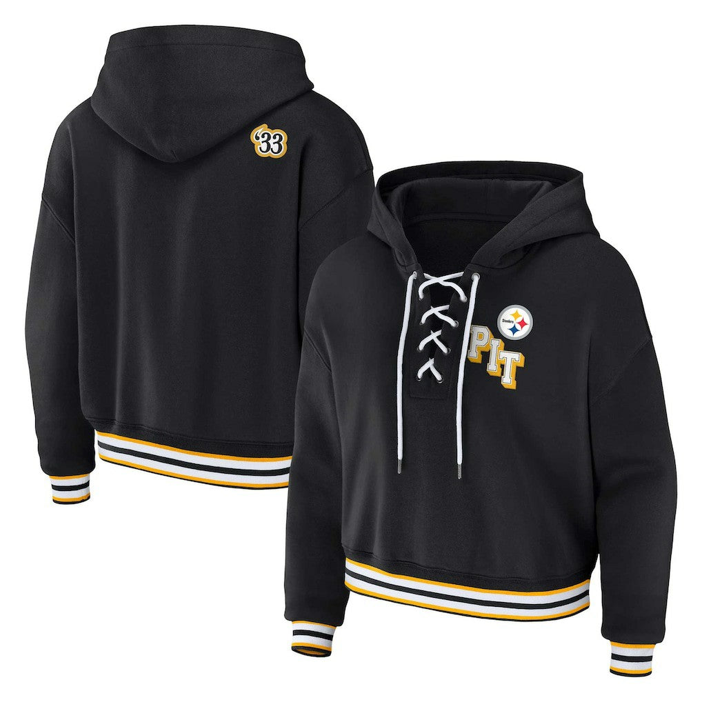 Pittsburgh Steelers WEAR by Erin Andrews Women's Plus Size Lace-Up Pullover Hoodie - Black Hoodies
