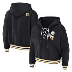 Pittsburgh Steelers WEAR by Erin Andrews Women's Plus Size Lace-Up Pullover Hoodie - Black Hoodies