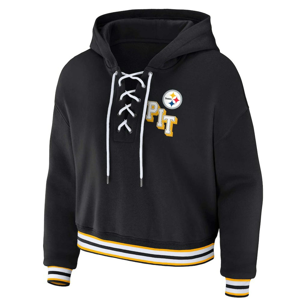 Pittsburgh Steelers WEAR by Erin Andrews Women's Plus Size Lace-Up Pullover Hoodie - Black Hoodies