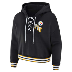 Pittsburgh Steelers WEAR by Erin Andrews Women's Plus Size Lace-Up Pullover Hoodie - Black Hoodies