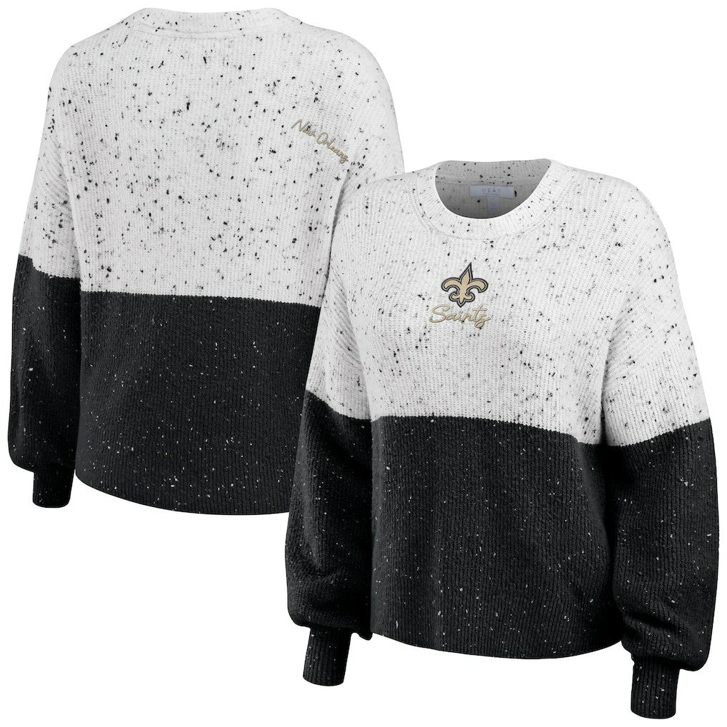 New Orleans Saints WEAR by Erin Andrews Women's Lighweight Modest Crop Color-Block Pullover Sweater - White/Black Pullover