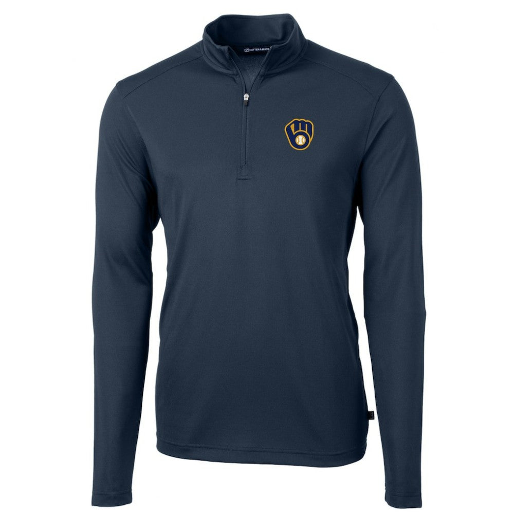 Milwaukee Brewers Cutter & Buck Virtue Eco Pique Recycled Quarter-Zip Pullover Top - Navy Pullover