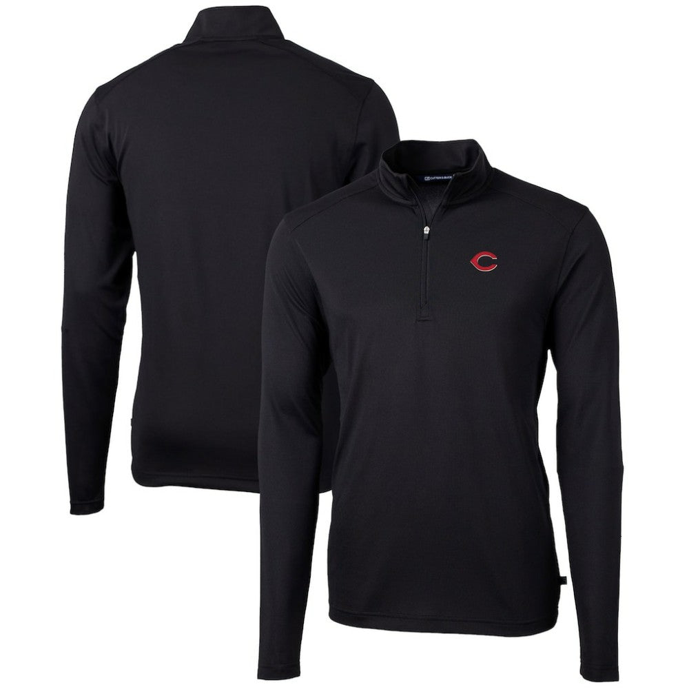 Cincinnati Reds Cutter & Buck Virtue Eco Pique Recycled Quarter-Zip Pullover Top - Black Pullover