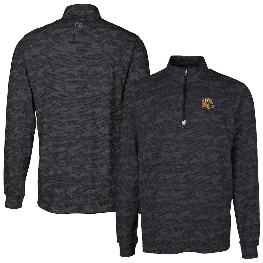 Green Bay Packers Cutter & Buck Helmet Traverse Camo Print Stretch Quarter-Zip Pullover Top - Black Pullover