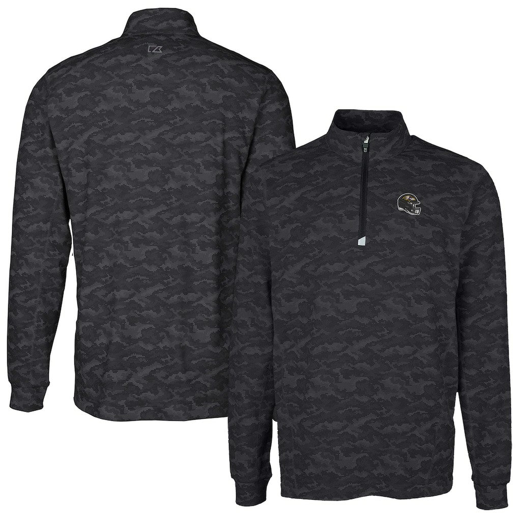 Baltimore Ravens Cutter & Buck Helmet Traverse Camo Print Stretch Quarter-Zip Pullover Top - Black Pullover