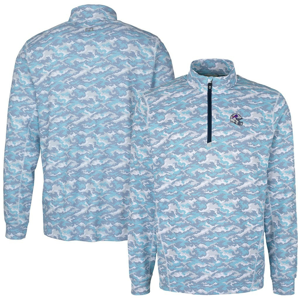 Buffalo Bills Cutter & Buck Helmet Traverse Camo Print Stretch Quarter-Zip Pullover Top - Light Blue Pullover