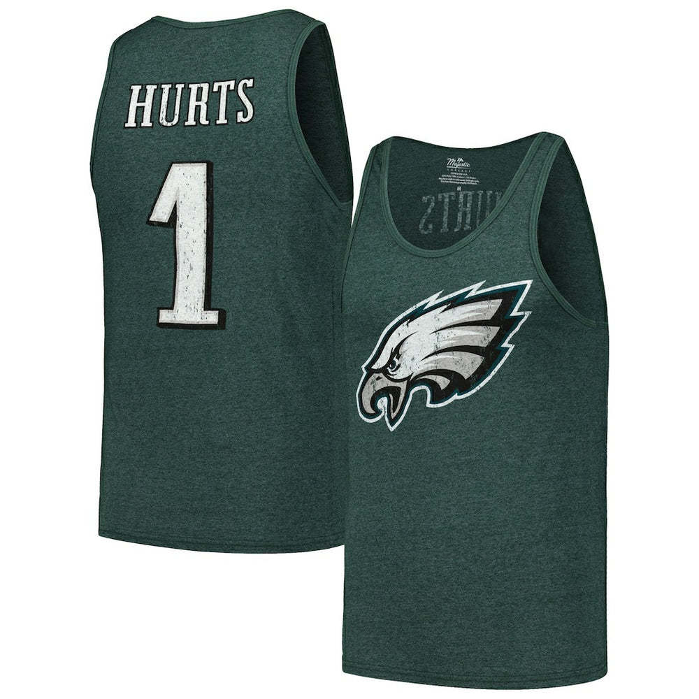 Jalen Hurts Philadelphia Eagles Majestic Threads Name & Number Tri-Blend Tank Top - Green Tops