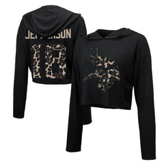 Justin Jefferson Minnesota Vikings Majestic Threads Women's Leopard Player Name & Number Long Sleeve Cropped Hoodie - Black Hoodies