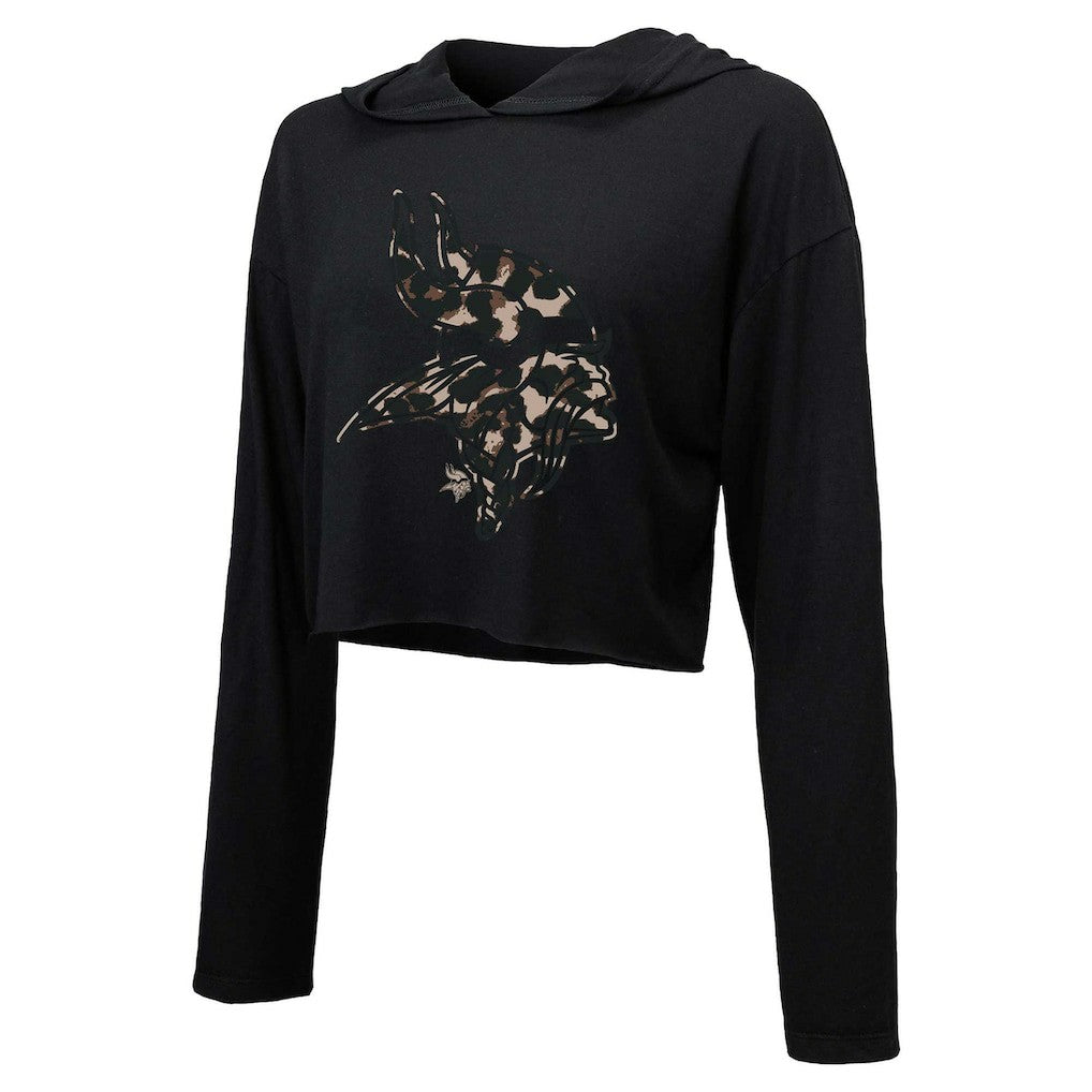Justin Jefferson Minnesota Vikings Majestic Threads Women's Leopard Player Name & Number Long Sleeve Cropped Hoodie - Black Hoodies