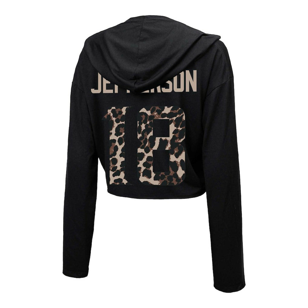 Justin Jefferson Minnesota Vikings Majestic Threads Women's Leopard Player Name & Number Long Sleeve Cropped Hoodie - Black Hoodies