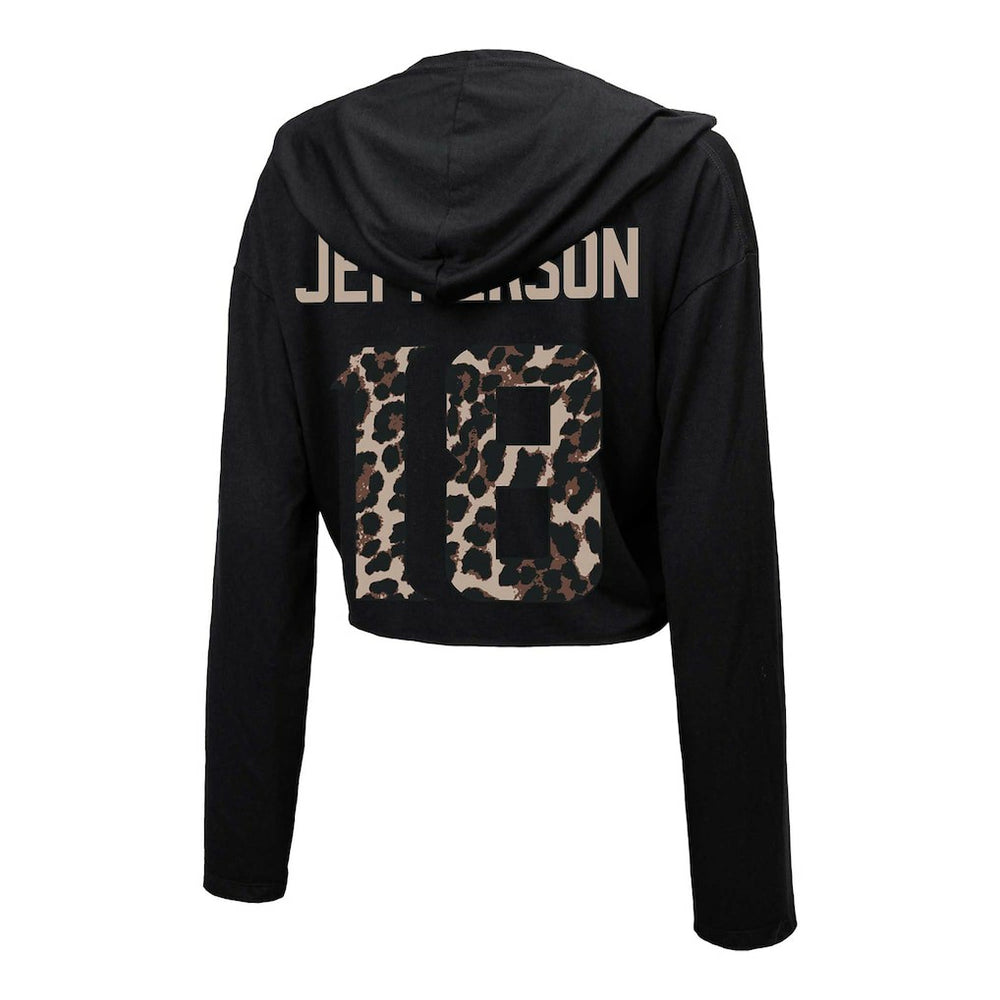 Justin Jefferson Minnesota Vikings Majestic Threads Women's Leopard Player Name & Number Long Sleeve Cropped Hoodie - Black Hoodies