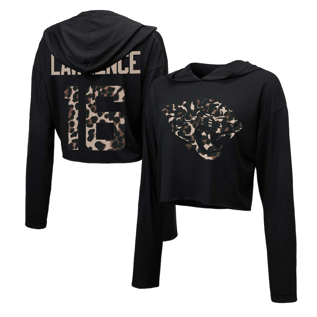 Trevor Lawrence Jacksonville Jaguars Majestic Threads Women's Leopard Player Name & Number Long Sleeve Cropped Hoodie - Black Hoodies