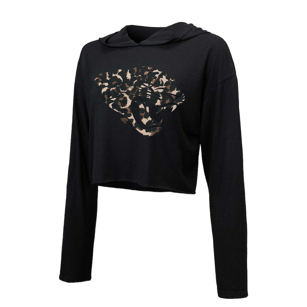 Trevor Lawrence Jacksonville Jaguars Majestic Threads Women's Leopard Player Name & Number Long Sleeve Cropped Hoodie - Black Hoodies