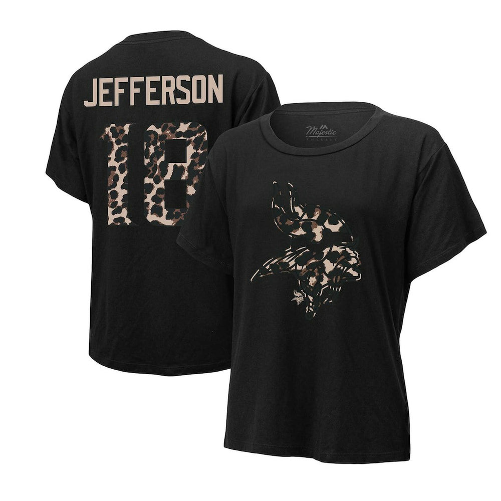 Justin Jefferson Minnesota Vikings Majestic Threads Women's Leopard Player Name & Number T-Shirt - Black T-shirts