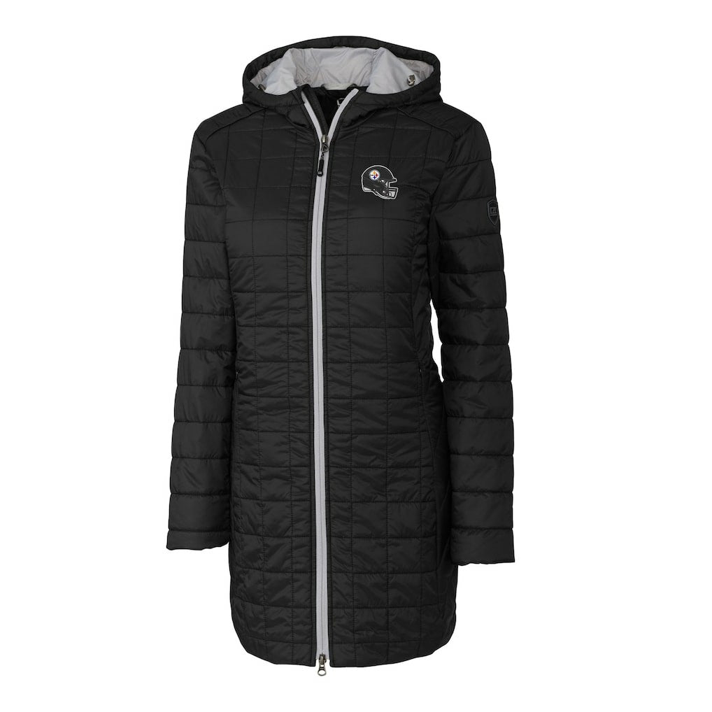 Pittsburgh Steelers Cutter & Buck Women's Helmet Logo Rainier Primaloft Eco Insulated Hooded Long Coat - Black