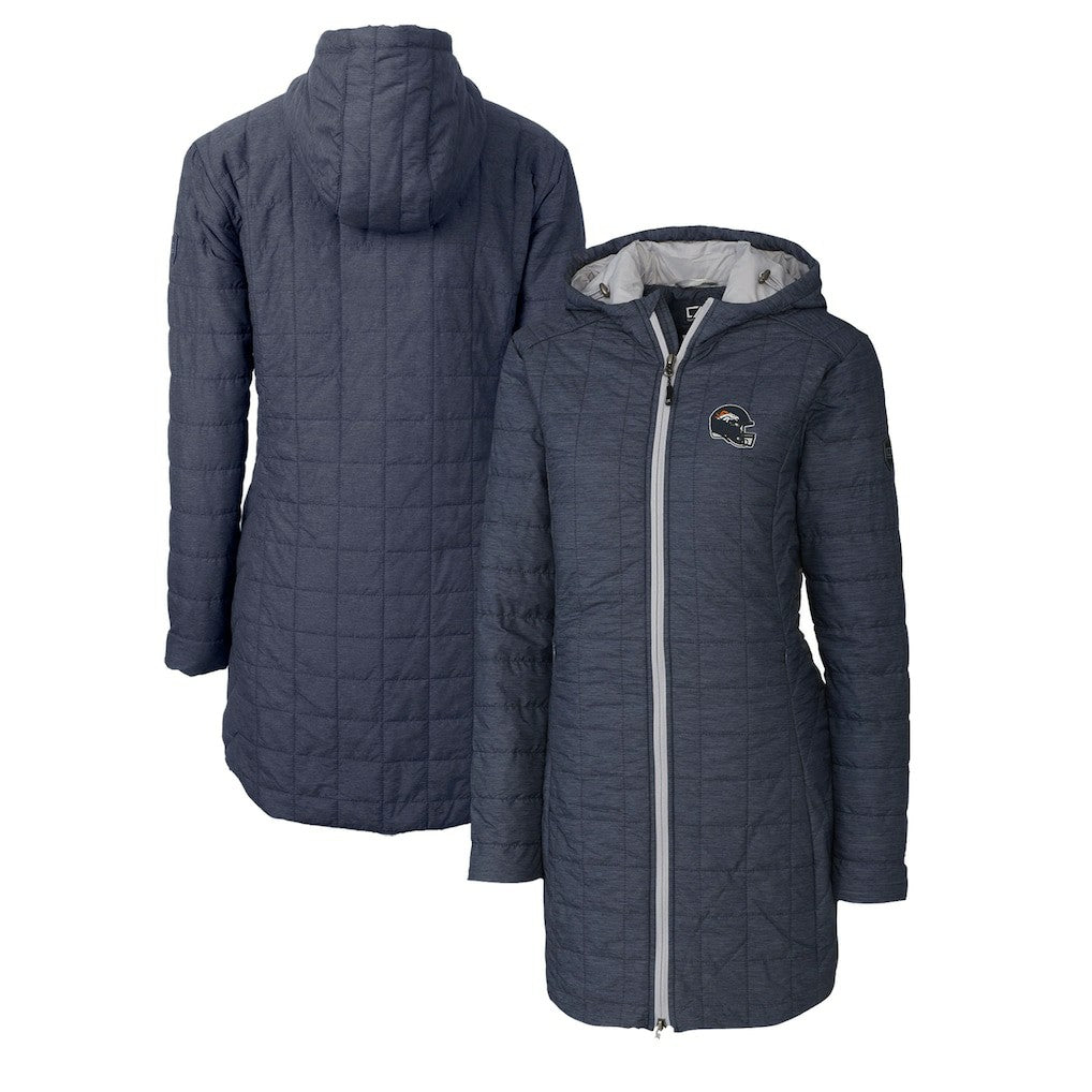 Denver Broncos Cutter & Buck Women's Helmet Logo Rainier Primaloft Eco Insulated Hooded Long Coat - Heather Navy