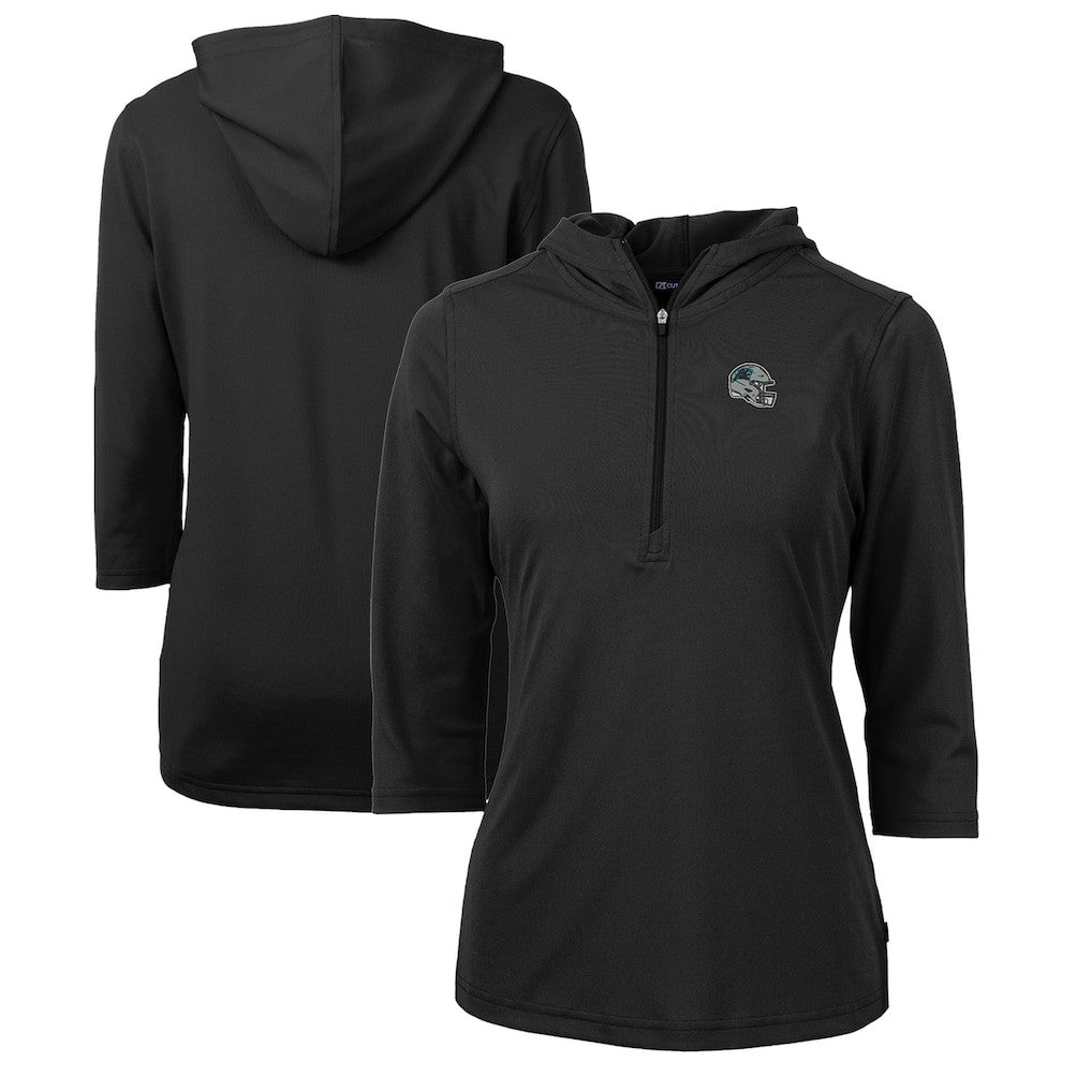 Carolina Panthers Cutter & Buck Women's Helmet Logo DryTec Virtue Eco Pique Recycled 3/4-Sleeve Half-Zip Pullover Hoodie - Black Hoodies