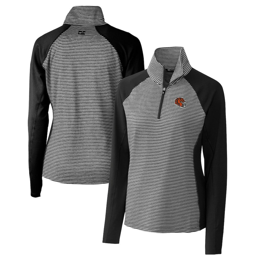 Cincinnati Bengals Cutter & Buck Women's Helmet Logo DryTec Forge Tonal Stripe Stretch Half-Zip Top - Black Tops