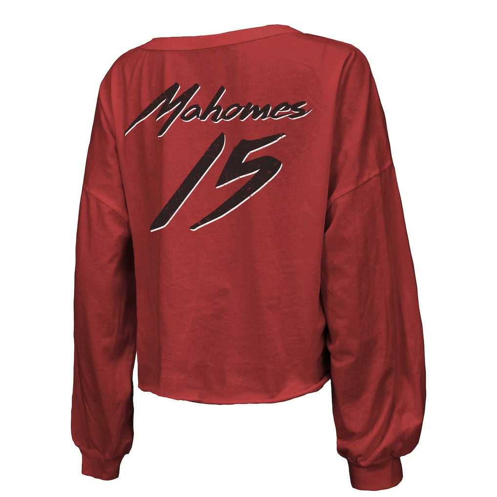 Patrick Mahomes Kansas City Chiefs Majestic Threads Women's Name & Number Off-Shoulder Script Cropped Long Sleeve Relaxed V-Neck T-Shirt - Red T-shirts