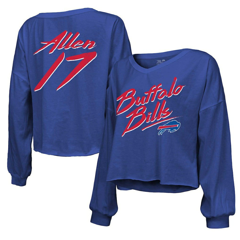 Josh Allen Buffalo Bills Majestic Threads Women's Name & Number Off-Shoulder Script Cropped Long Sleeve Relaxed V-Neck T-Shirt - Royal T-shirts