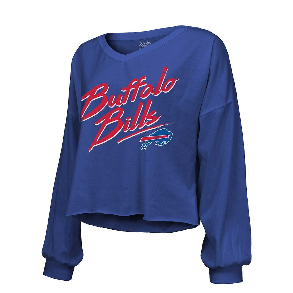 Josh Allen Buffalo Bills Majestic Threads Women's Name & Number Off-Shoulder Script Cropped Long Sleeve Relaxed V-Neck T-Shirt - Royal T-shirts