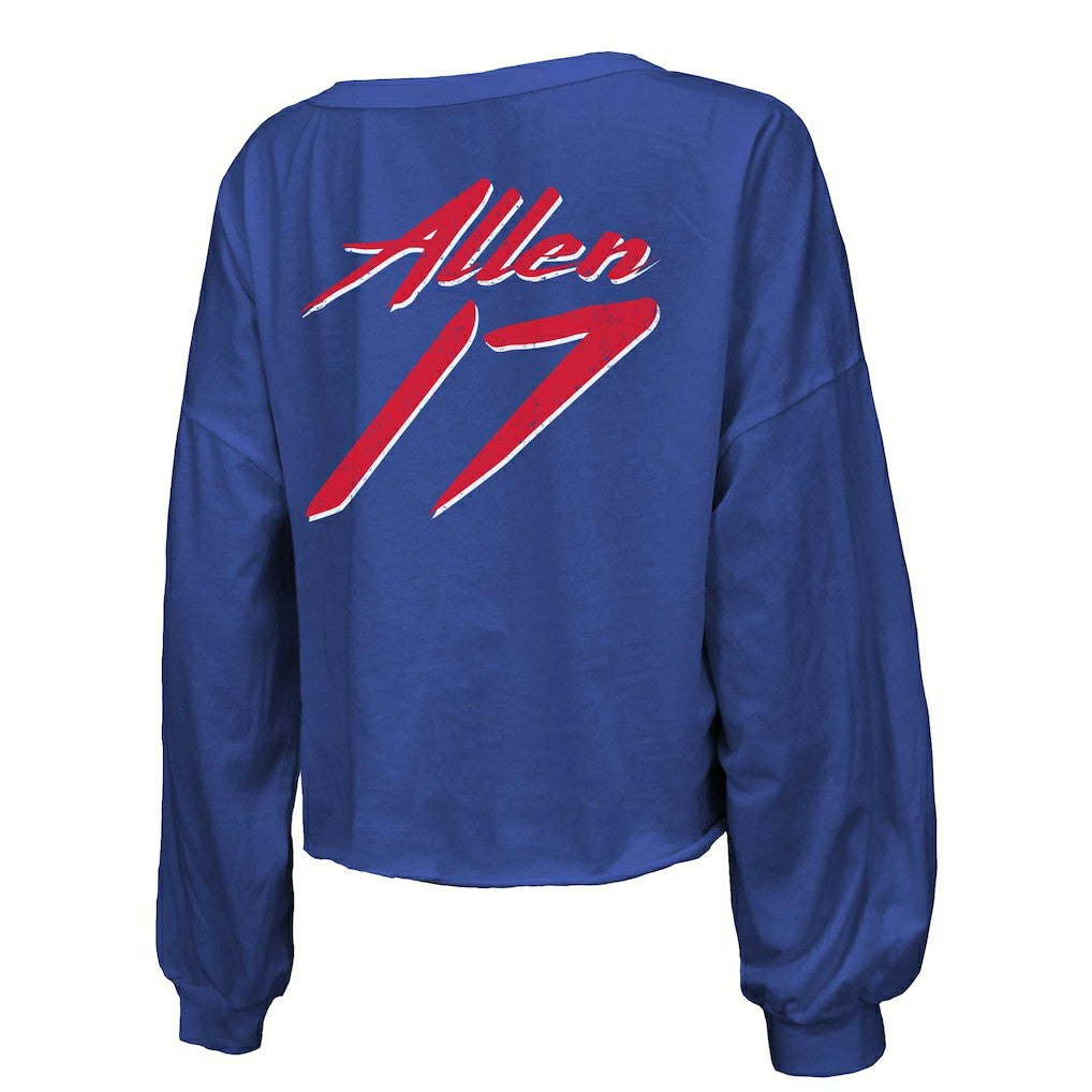Josh Allen Buffalo Bills Majestic Threads Women's Name & Number Off-Shoulder Script Cropped Long Sleeve Relaxed V-Neck T-Shirt - Royal T-shirts