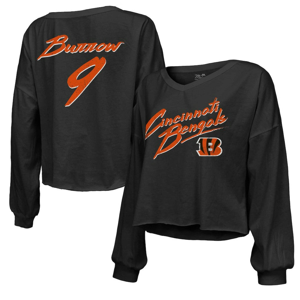 Joe Burrow Cincinnati Bengals Majestic Threads Women's Name & Number Off-Shoulder Script Cropped Long Sleeve Relaxed V-Neck T-Shirt - Black T-shirts