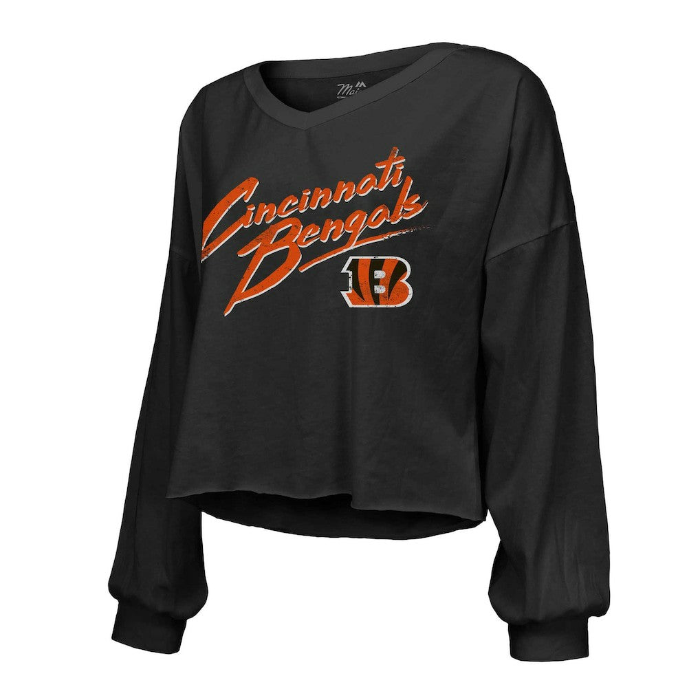 Joe Burrow Cincinnati Bengals Majestic Threads Women's Name & Number Off-Shoulder Script Cropped Long Sleeve Relaxed V-Neck T-Shirt - Black T-shirts