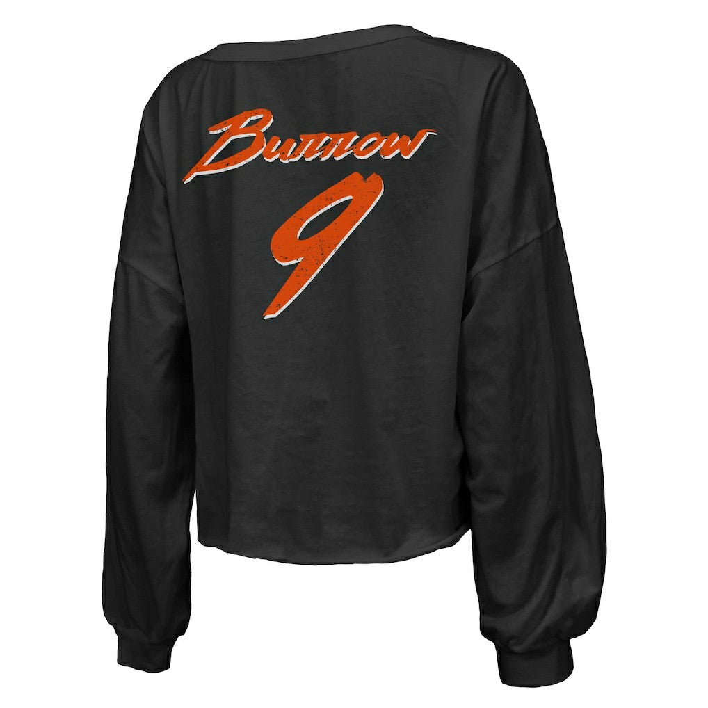 Joe Burrow Cincinnati Bengals Majestic Threads Women's Name & Number Off-Shoulder Script Cropped Long Sleeve Relaxed V-Neck T-Shirt - Black T-shirts