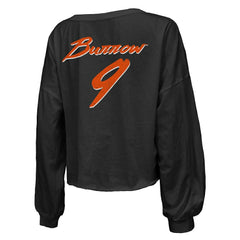 Joe Burrow Cincinnati Bengals Majestic Threads Women's Name & Number Off-Shoulder Script Cropped Long Sleeve Relaxed V-Neck T-Shirt - Black T-shirts