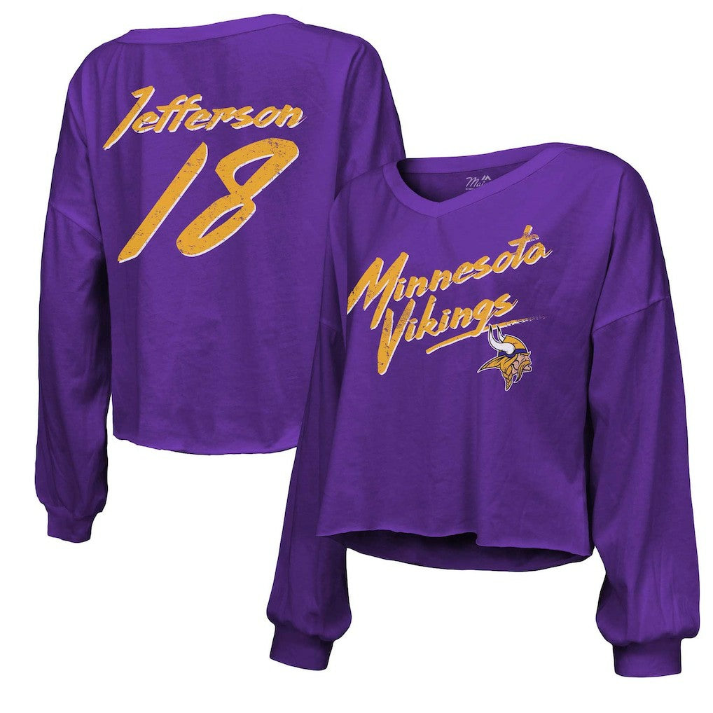 Justin Jefferson Minnesota Vikings Majestic Threads Women's Name & Number Off-Shoulder Script Cropped Long Sleeve V-Neck T-Shirt - Purple T-shirts