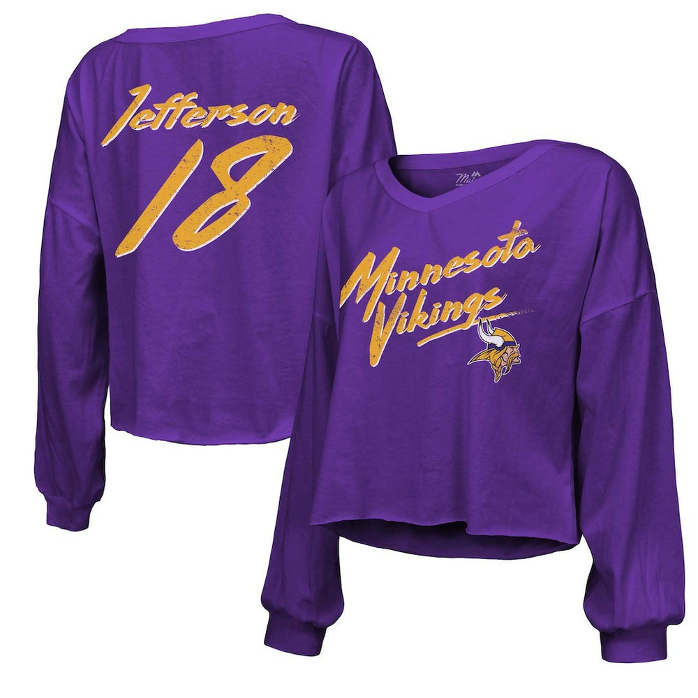Justin Jefferson Minnesota Vikings Majestic Threads Women's Name & Number Off-Shoulder Script Cropped Long Sleeve V-Neck T-Shirt - Purple T-shirts