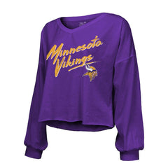 Justin Jefferson Minnesota Vikings Majestic Threads Women's Name & Number Off-Shoulder Script Cropped Long Sleeve V-Neck T-Shirt - Purple T-shirts