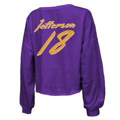 Justin Jefferson Minnesota Vikings Majestic Threads Women's Name & Number Off-Shoulder Script Cropped Long Sleeve V-Neck T-Shirt - Purple T-shirts