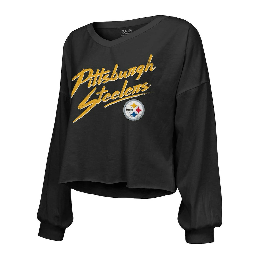 T.J. Watt Pittsburgh Steelers Majestic Threads Women's Name & Number Off-Shoulder Script Cropped Long Sleeve Relaxed V-Neck T-Shirt - Black T-shirts