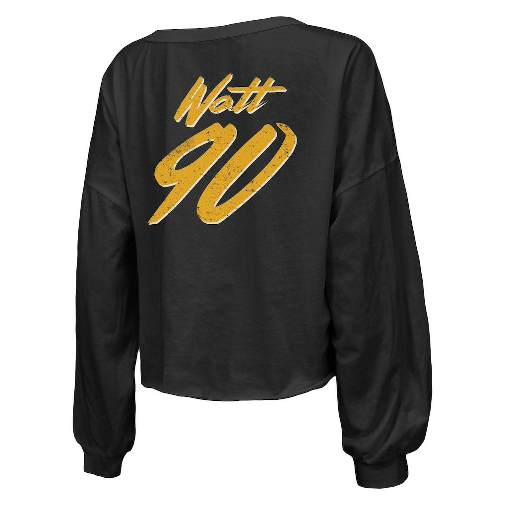 T.J. Watt Pittsburgh Steelers Majestic Threads Women's Name & Number Off-Shoulder Script Cropped Long Sleeve Relaxed V-Neck T-Shirt - Black T-shirts