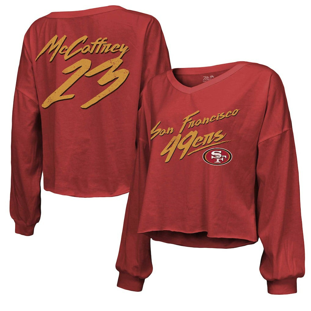Christian McCaffrey San Francisco 49ers Majestic Threads Women's Name & Number Off-Shoulder Script Cropped Long Sleeve V-Neck T-Shirt - Scarlet T-shirts