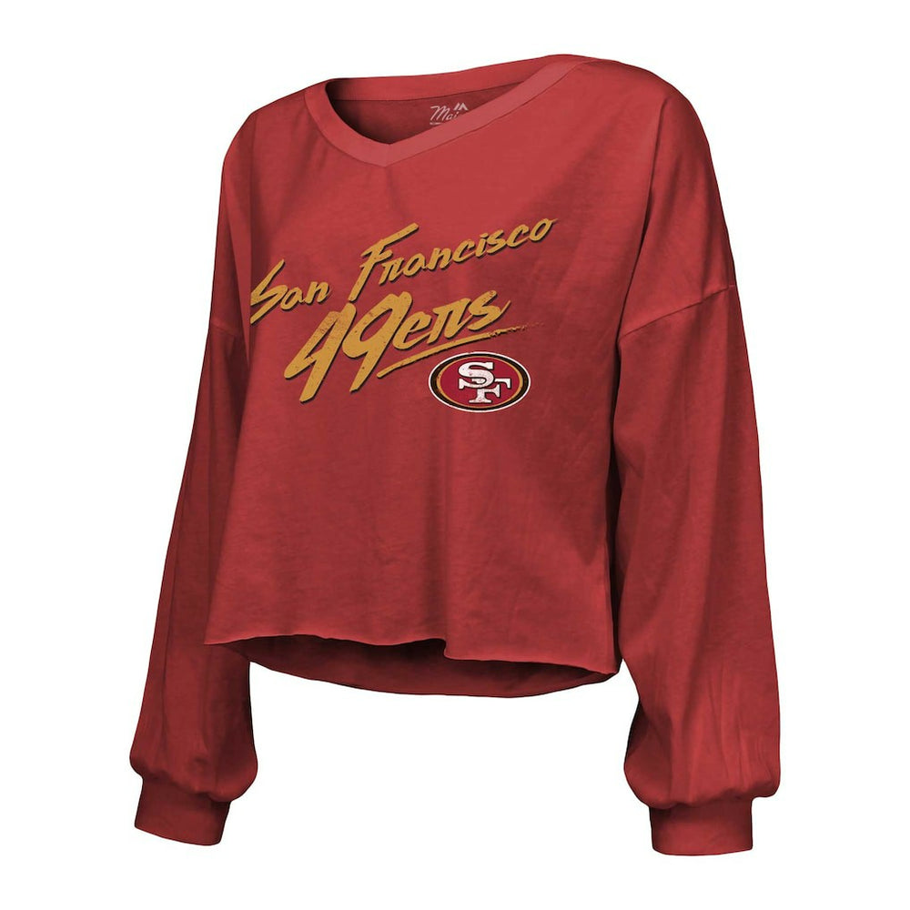 Christian McCaffrey San Francisco 49ers Majestic Threads Women's Name & Number Off-Shoulder Script Cropped Long Sleeve V-Neck T-Shirt - Scarlet T-shirts