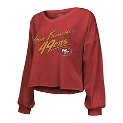 Christian McCaffrey San Francisco 49ers Majestic Threads Women's Name & Number Off-Shoulder Script Cropped Long Sleeve V-Neck T-Shirt - Scarlet T-shirts